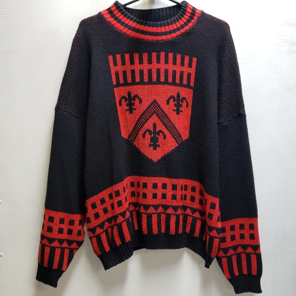 BREEZE womens medium vintage black/red crest knit crewneck sweater